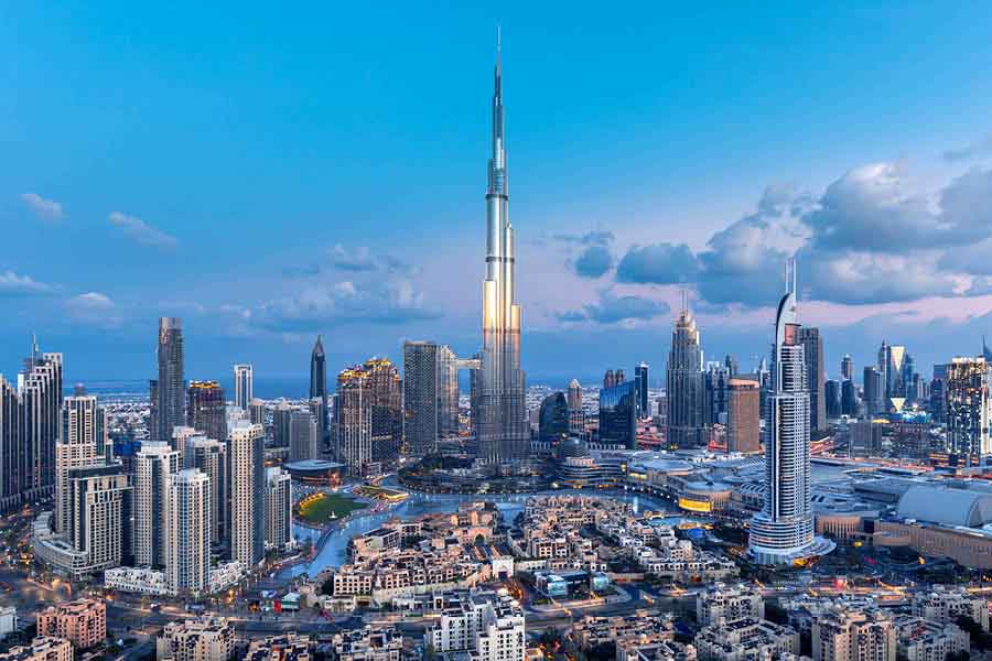 The Dubai city centre skyline at dawn 