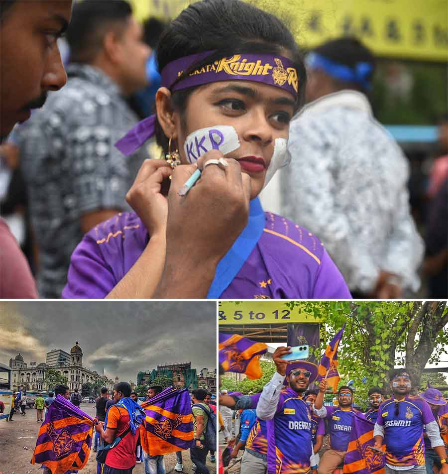 A KKR supporter gets her face painted in the team colours before the clash between Kolkata Knight Riders and Mumbai Indians at the Eden Gardens and (above) flags on sale at Esplanade Dorina crossing earlier in the day   