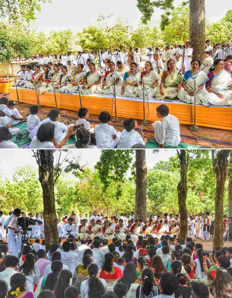Students and artistes perform on the occasion of Rabindranath Tagore’s 163rd birth anniversary celebrations at Madhabi Bitan in Santiniketan  