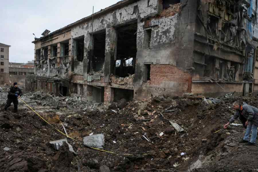 A building in central Kharkiv, Ukraine, heavily damaged during a Russian missile attack.