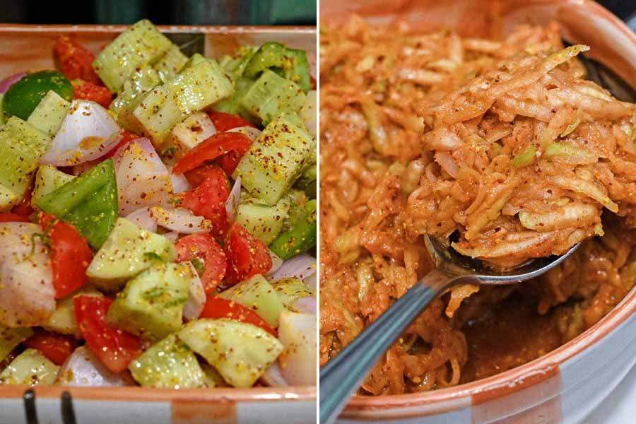 Gondhoraj Salad and (right) Kancha Aam Makha 