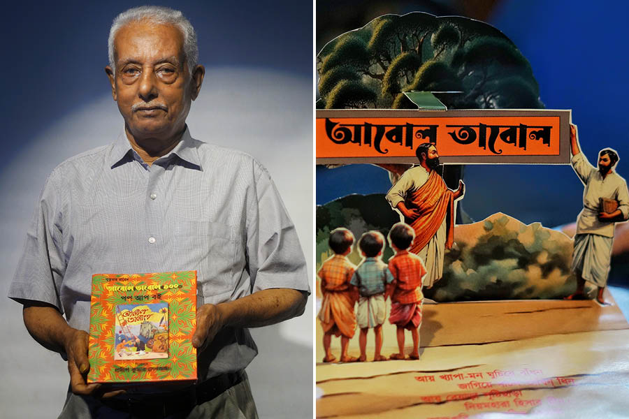 (L to R) Pradip Sengupta at the book revelation of the pop-up version of ‘Abol Tabol’ at the Alliance Française du Bengale, Kolkata; A page from the book made by Pradip
