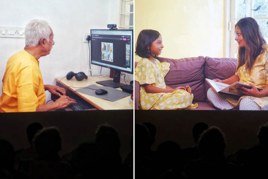 (From left) Sengupta designing the ‘Abol Tabol’ pop-up; Myra with her mother learning about Sukumar Ray and the Ray family