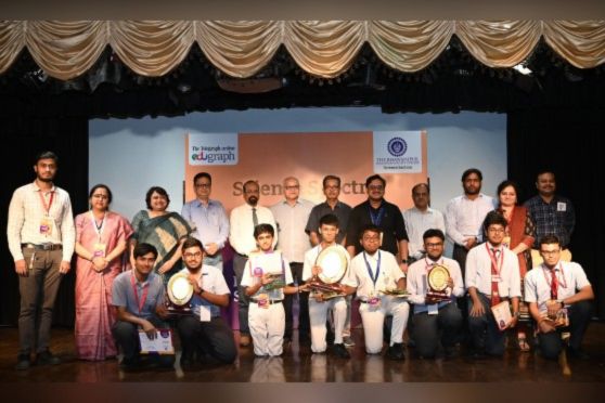 The winners, 1st and 2nd runners up of Science Spectra 2024 with their trophies