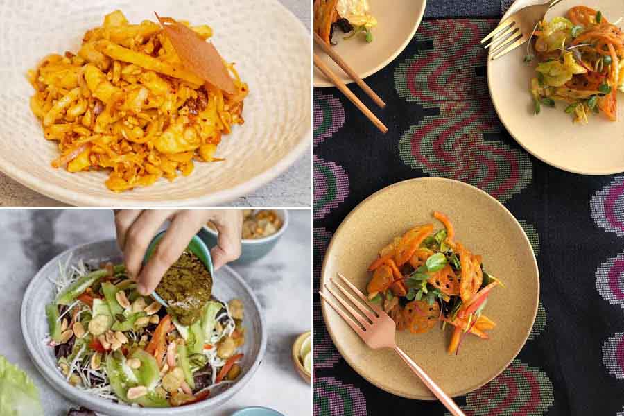 (Clockwise) The Guava Salad, Lotus Root Salad and Tea Leaf Salad are a must-try at Burma Burma 