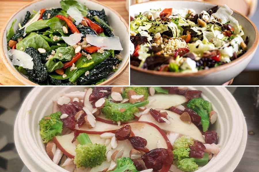 (Clockwise) Kale and Baby Spinach Salad, Millet Tabbouleh and Smoked Chicken and Broccoli Salad