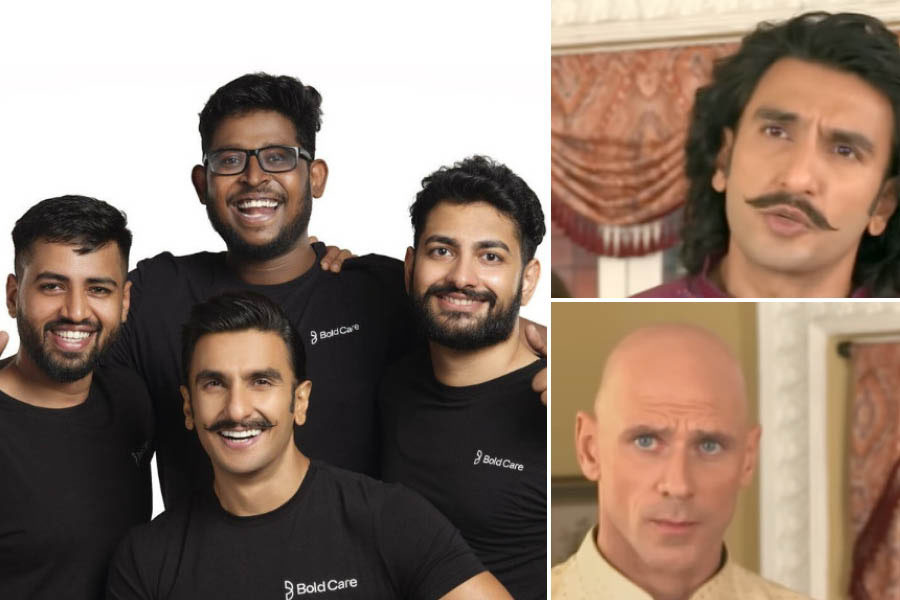 L-R: Rajat Jadhav, Ranveer Singh, Rahul Krishnan and Mohit Yadav, the co-founders of Bold Care, the men’s sexual health brand behind the viral ad featuring Ranveer Singh and Johnny Sins