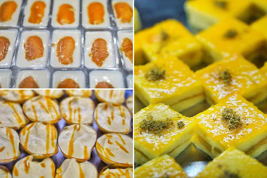 Clockwise from top left: Mango Malai Cham Cham, Amrapali Sandesh and Mango Soufflé Cups