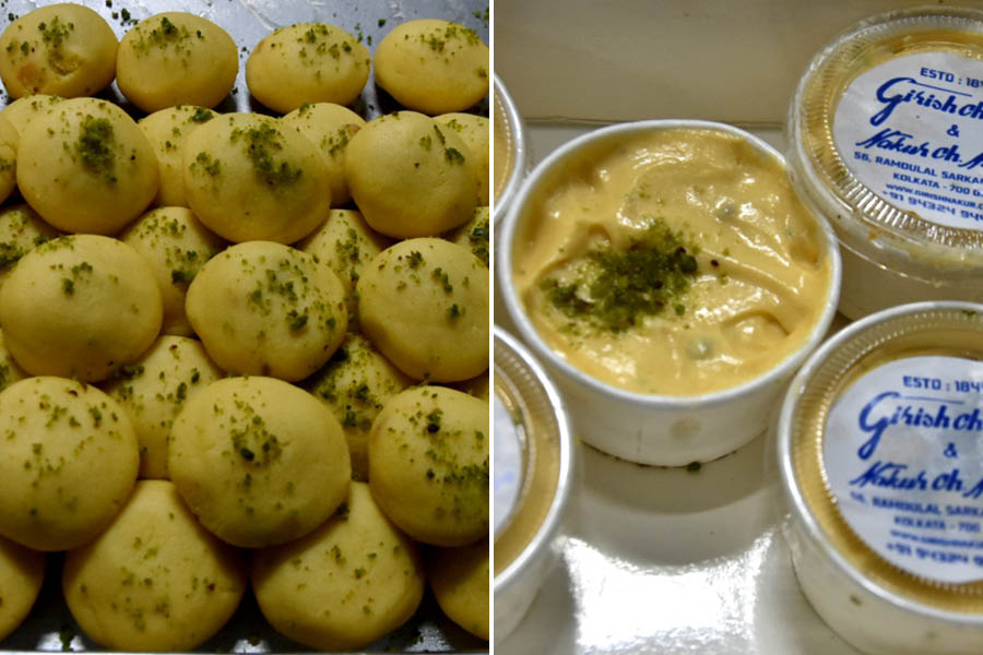 Amrapali Sandesh and (right) Sweet Mango Doi 