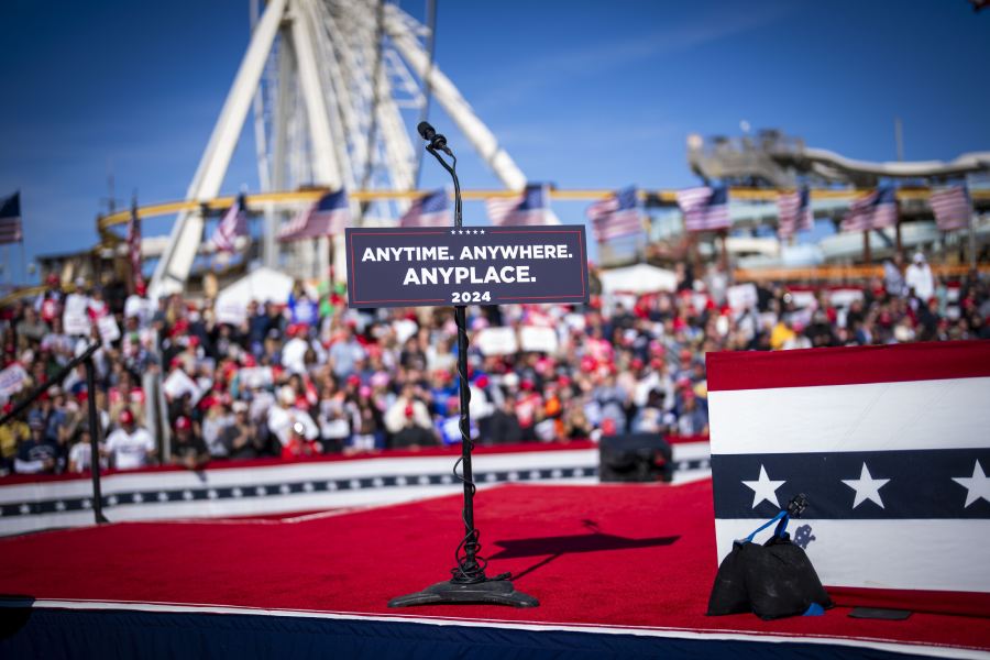 A podium on stage during a campaign rally for Former President Donald Trump in Wildwood, N.J., on May, 11, 2024