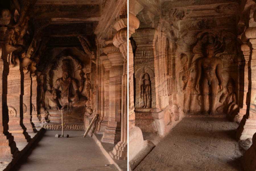 The verandah of cave temples 3 and (right) 4 at Badami in Karnataka.