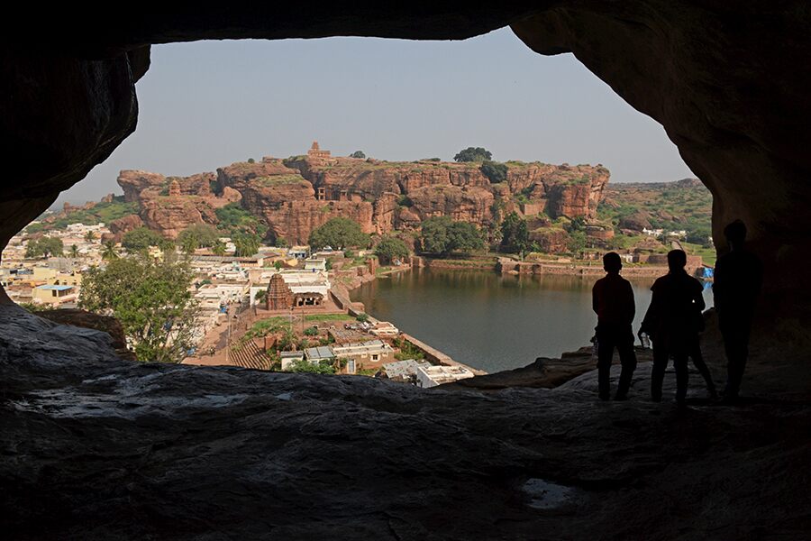 View of Northern Fort and Agastya Lake from cavern in between the cave temples.