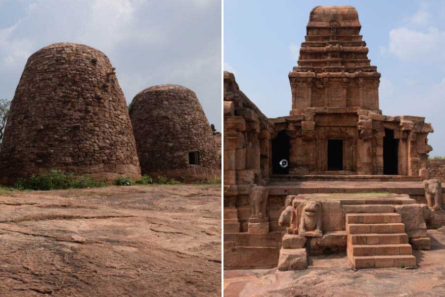 Granaries inside Northern fort and (right) upper Shivalaya temple at Badami.