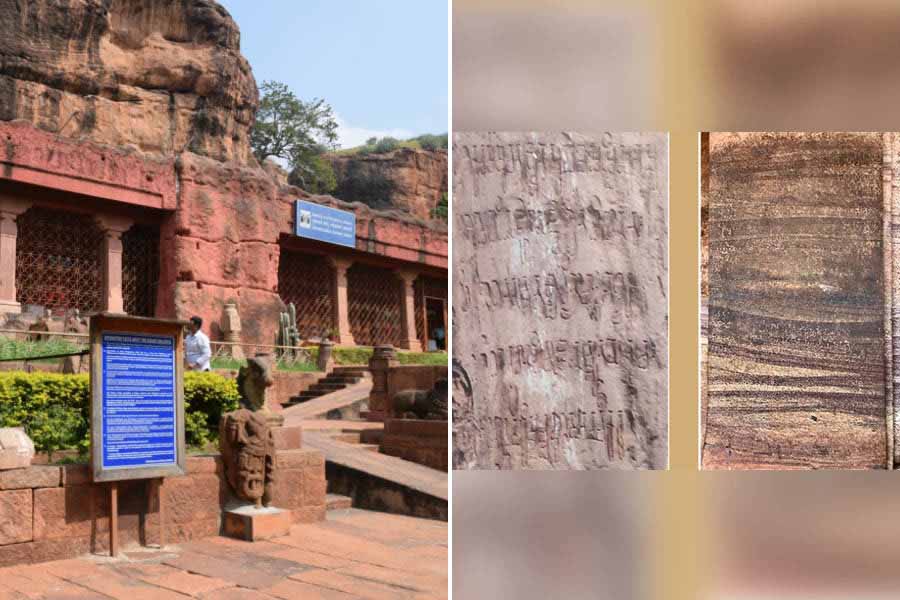 Archaeological Survey of India Museum, Badami, and (right) inscriptions on a cliff at Northern Cliff and inside cave temple number 3 at Badami. 