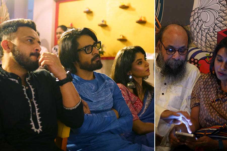 (L to R) Tollywood actors Anindya Chatterjee, Gourab Chatterjee, Devlina Kumar at the event; author Joy Goswami also attended the music video launch