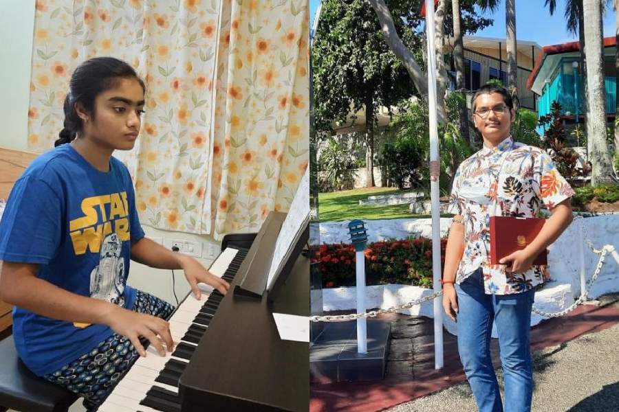Arushi Bhaduri plays the piano at her home wearing her favourite 'Star wars' T-shirt (left); Sohan Ghoshal in Papua New Guinea where he grew up and where his father works