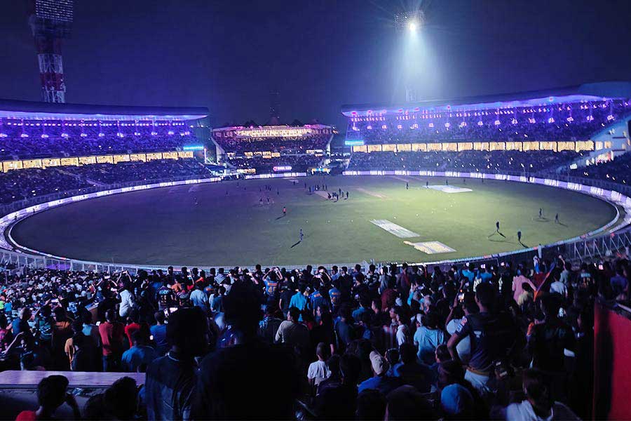 Eden Gardens during the mid-innings lights show for the match between KKR and MI on May 11