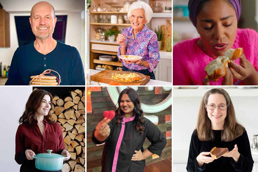 (Clockwise from top left) Jacquy Pfeiffer, Marry Berry, Nadiya Hussain, Rose Levy Beranbaum, Pooja Dhingra and Nigella Lawson