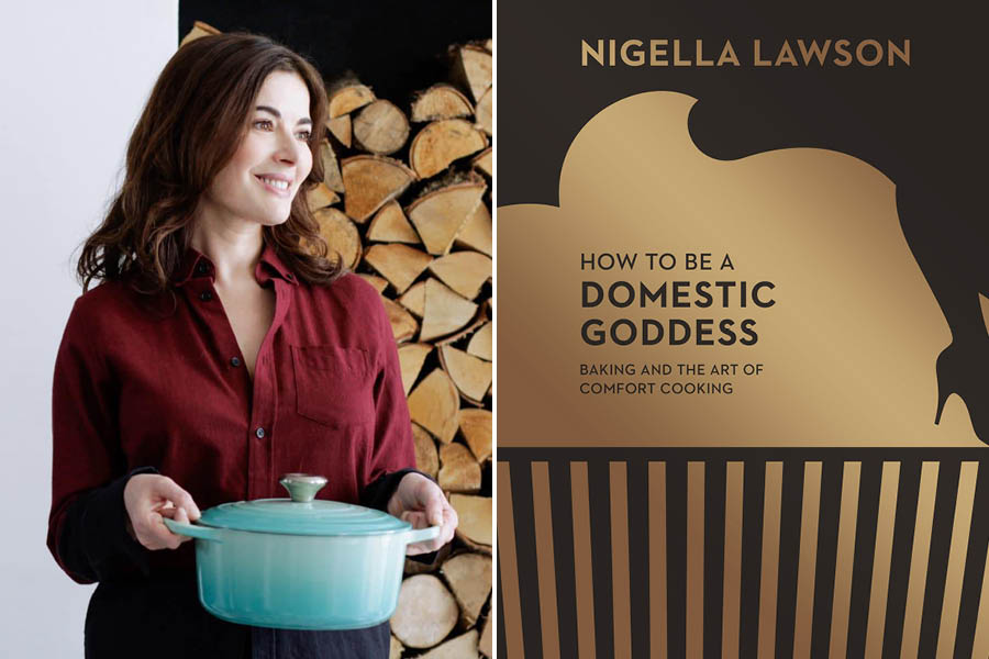 Nigella Lawson and (right) her second book, ‘How to Be a Domestic Goddess’