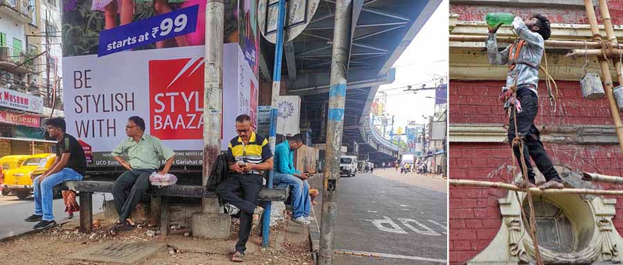 Pedestrians take a break under the Gariahat flyover on a grimy Saturday afternoon and (right) a worker quenches his thirst while he balances himself on a scaffolding on the KMC headquarters building at SN Banerjee Road 