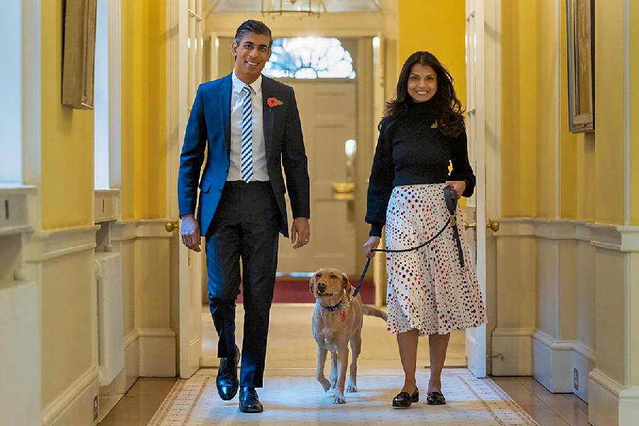 UK PM Rishi Sunak and his wife Akshata Murthy with their pet dog in London.