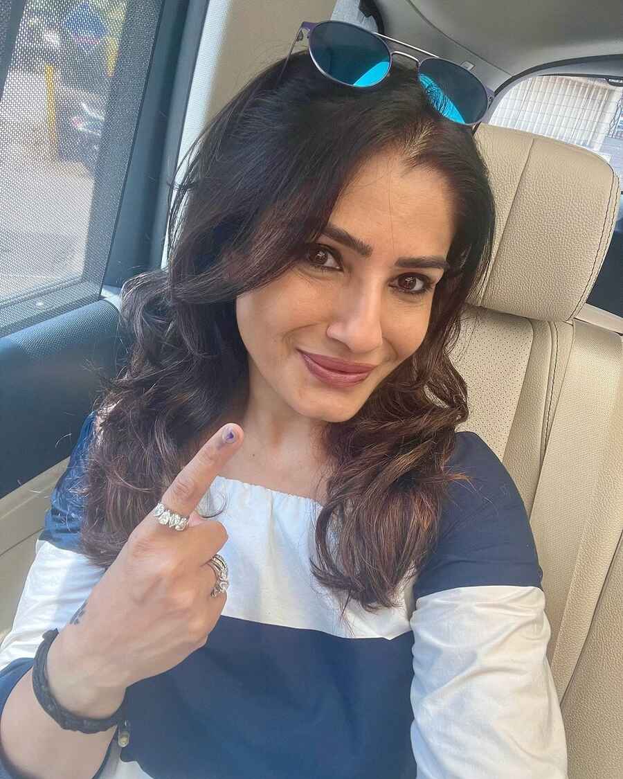 Wearing a casual colour-blocked dress, Raveena Tandon also dropped a selfie flaunting her inked finger. “Done my bit . Have you,” the actress, who recently starred in the Disney+ Hotstar series Karmma Calling, wrote.
