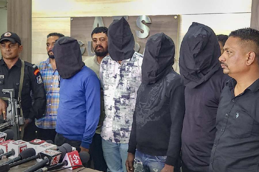 The four Sri Lankan nationals after being arrested by the Gujarat Anti-Terrorist Squad (ATS) for their alleged links to the Islamic State (IS), during a press conference, in Ahmedabad.