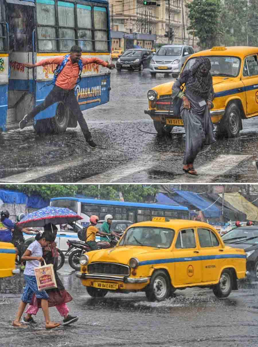 Commuters have a trying time alighting from public transport and trudging through puddles of rainwater in central Kolkata
