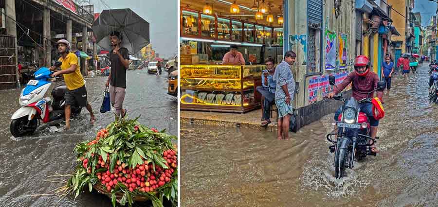 A man pushes his stalled scooter through ankle-deep water in Bowbazar and (right) a luckier motorcyclist manages to ride through another stretch in the same area 