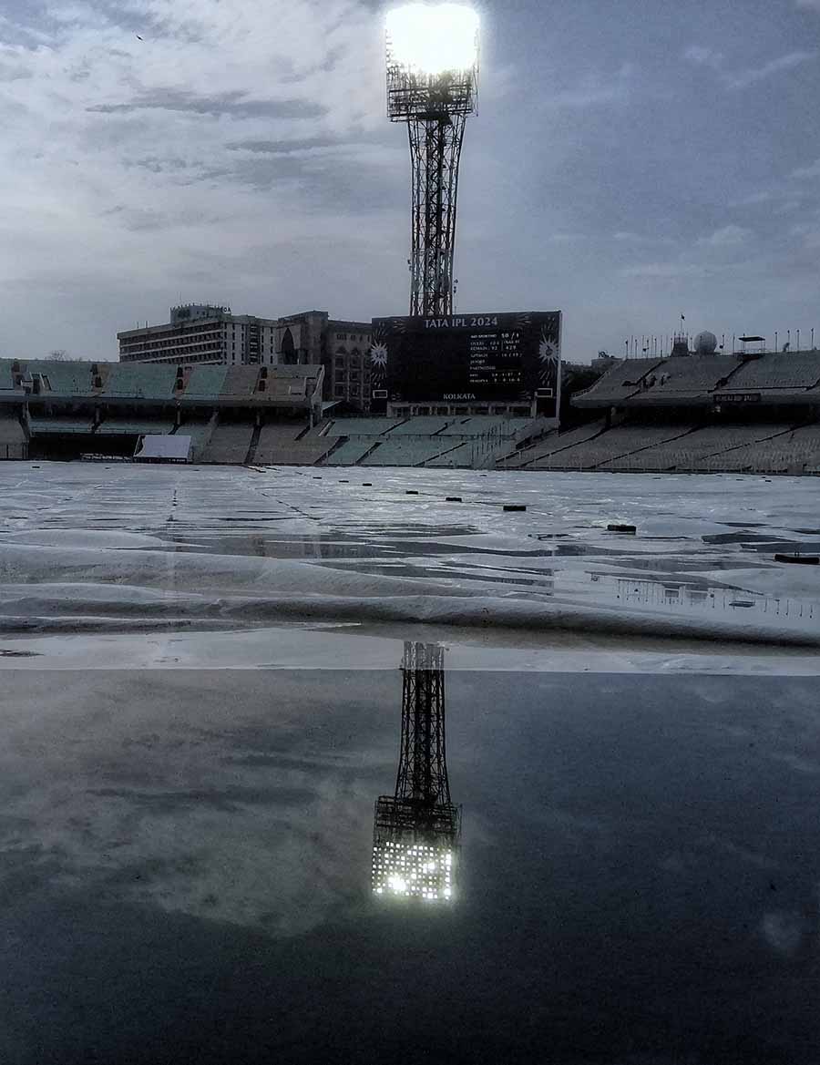 Waterlogging inside the Eden Gardens after the Wednesday afternoon rain