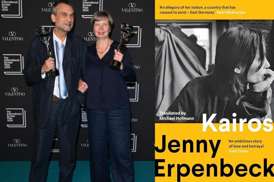 Translator Michael Hofmann (left) and author Jenny Erpenbeck, winners of the International Booker Prize 2024 for her book Kairos during the announcement ceremony at the Tate Modern on May 21, 2024, in London; (right) Cover of the book