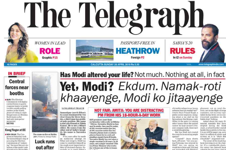 The April 28, 2019, edition of The Telegraph spotlights Binod Thakur’s comment on Modi