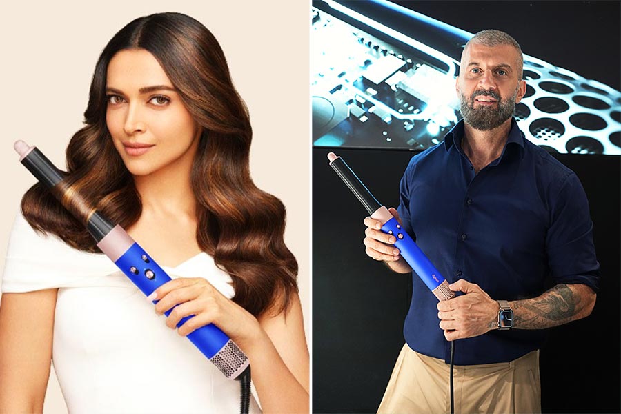 (L-R) Dyson haircare brand ambassador Deepika Padukone and celebrity hairstylist Yianni Tsapatori holding Dyson's Airwrap