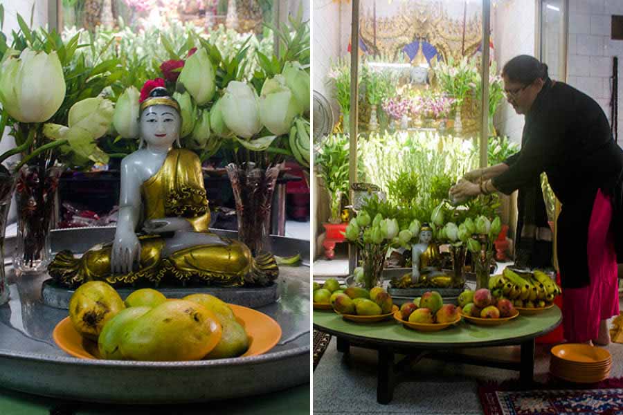 A devotee pours water on the Buddha statue placed on a temporary platform on the occasion of Buddha Jayanti on Thursday.