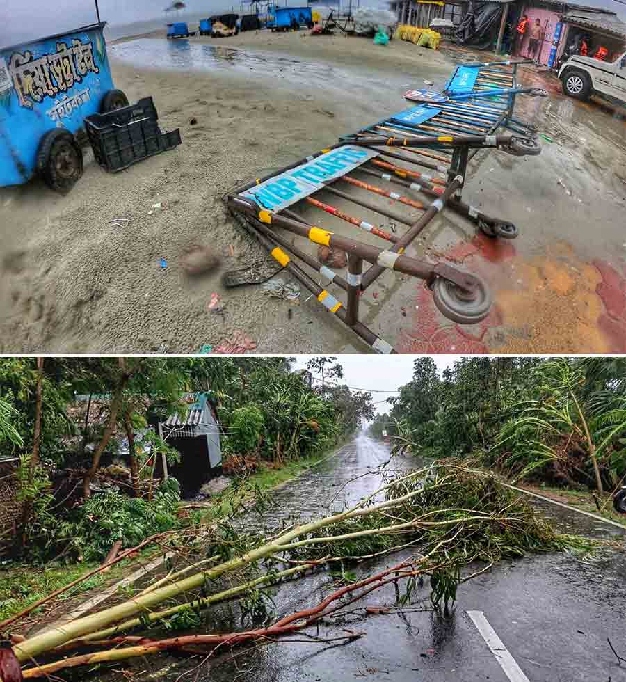 Rain and thunderstorm lashed Bakkhali area on Sunday morning. In pictures, guard rails near the beach toppled by gusty winds. Several trees have also fallen in the area  