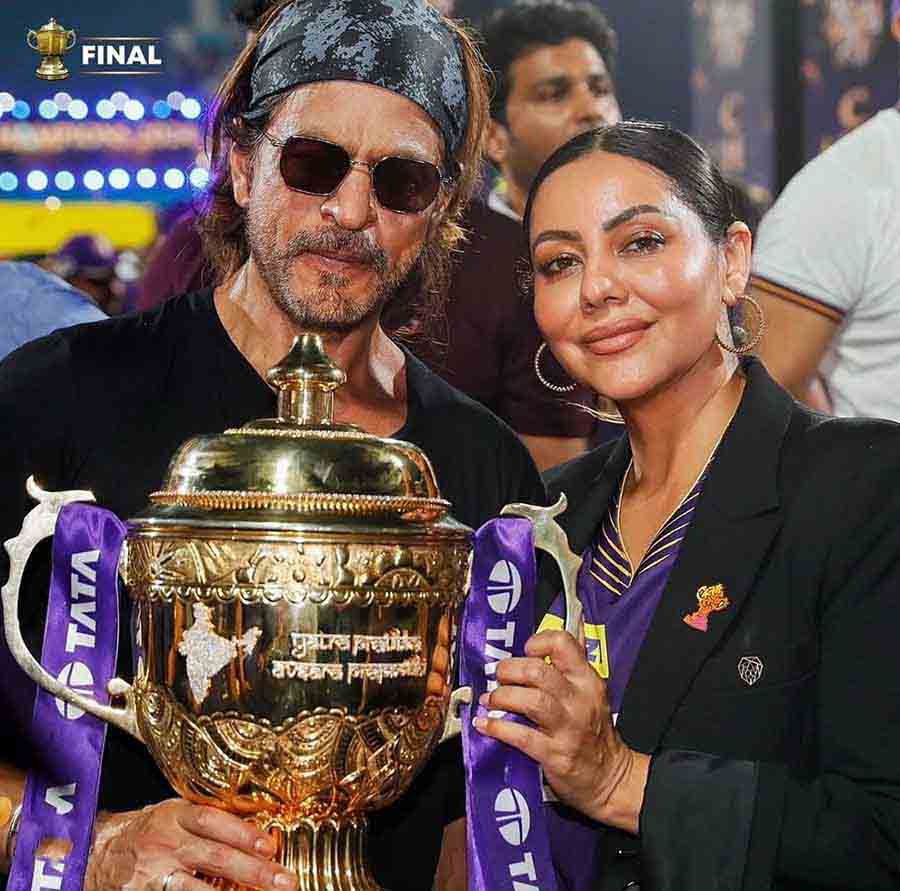 Shah Rukh’s wife Gauri Khan rocked a KKR jersey underneath a black blazer. Hoop earrings and dewy makeup completed her look. “Winners @kkriders,” she captioned her picture in which she posed with her husband holding the IPL trophy.