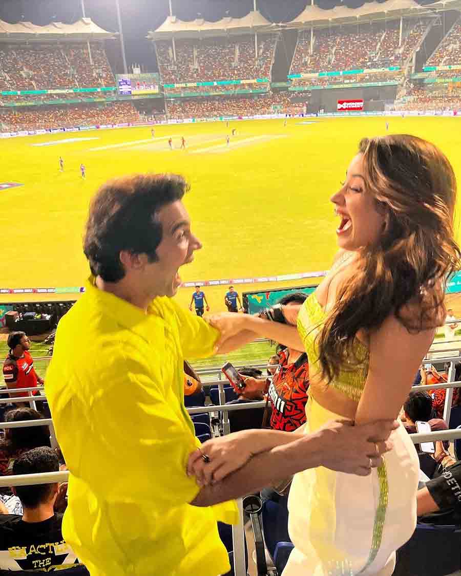 Rajkummar Rao and Janhvi Kapoor, who are currently awaiting the release of their upcoming film Mr. and Mrs. Mahi, celebrated KKR’s win at the stadium. They twinned in yellow outfits. “Mr and Mrs Mahis’ day out,” Janhvi captioned the post.
