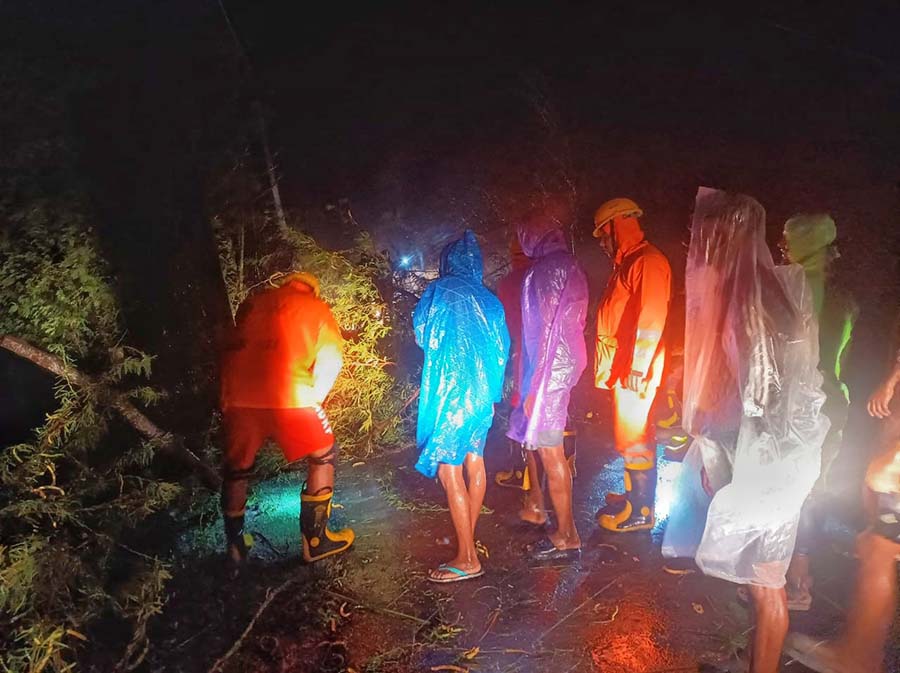 A disaster management team removes trees fallen during Cyclone Remal at Gosaba in South 24-Parganas district on Sunday night