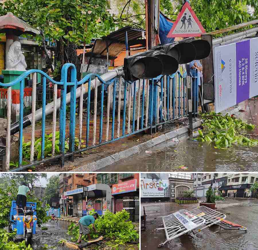 (Clockwise from top left) A collapsed traffic signal, guardrails piled up and Kolkata Municipal Corporation workers lop branches of toppled trees near BT Road