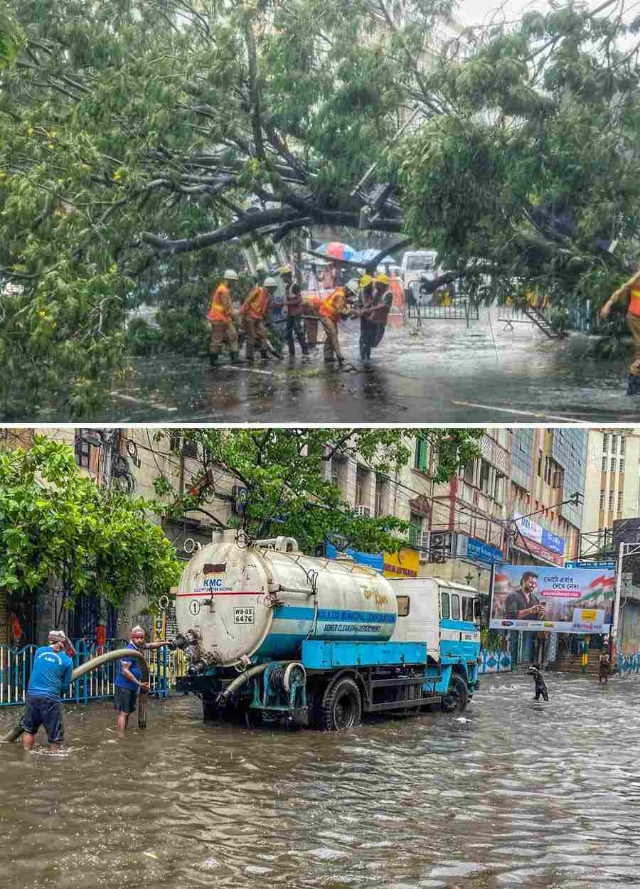 Kolkata Municipal Corporation employees remove an uproot tree and (right) drain out water near Park Street on Monday