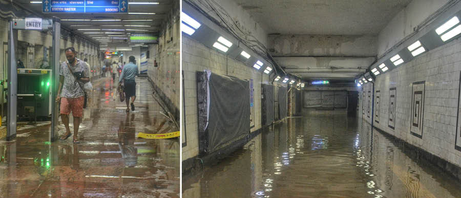 Scenes from an inundated Park Street Metro station during the day. Truncated Metro services were operated from Mahanayak Uttam Kumar to Dum Dum station before full services were restored towards late afternoon 