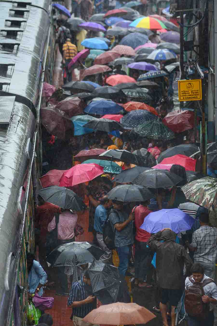 A sea of umbrellas at Bidhannagar station on Monday