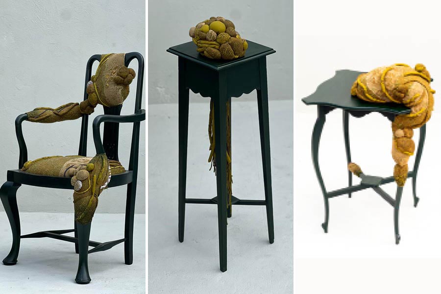 Shohini Gupta’s creations with antique furniture and suggestive fungal growth on those.