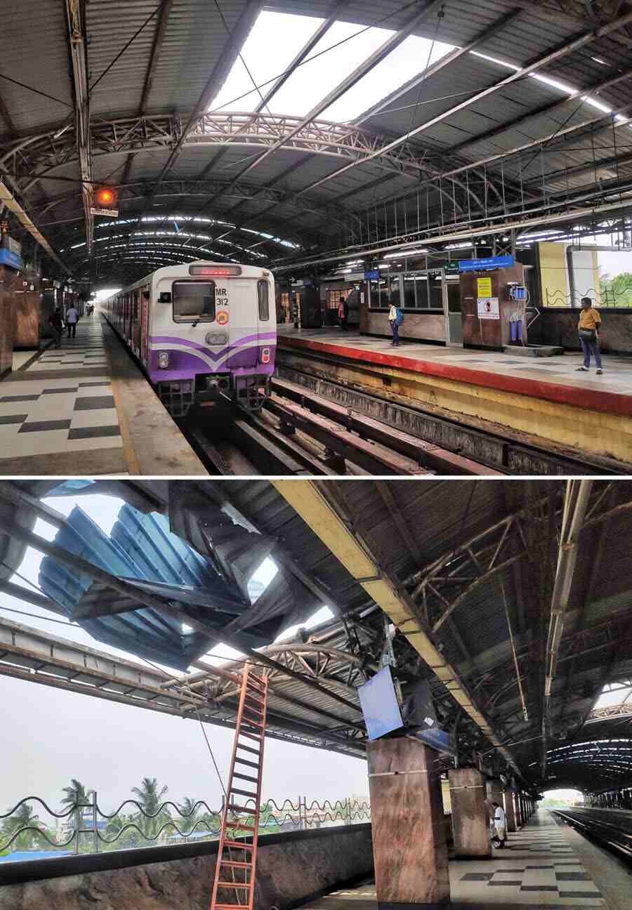 Parts of the roof at Kavi Nazrul Metro station were on Tuesday found badly damaged by the gusty cyclonic winds  