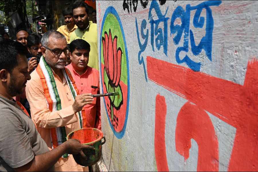 Tapas Roy, BJP candidate for Kolkata North, touches upon graffiti in his name on Amherst St.