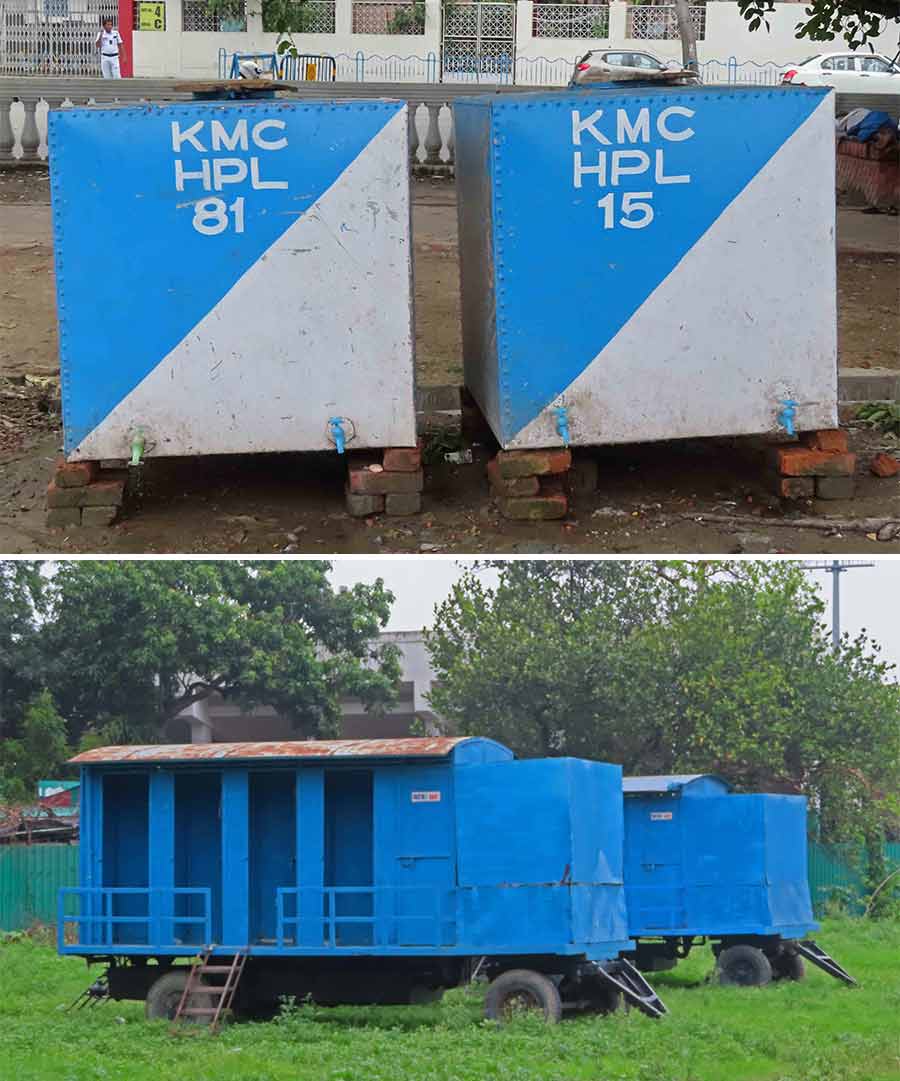Water tanks and makeshift toilets have been installed on Maidan opposite Cricket Association of Bengal’s club house for the benefit of bus drivers, helpers on poll duty 