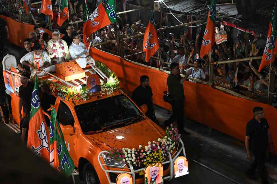 Narendra Modi at the road show along Bidhan Sarani on Tuesday evening.