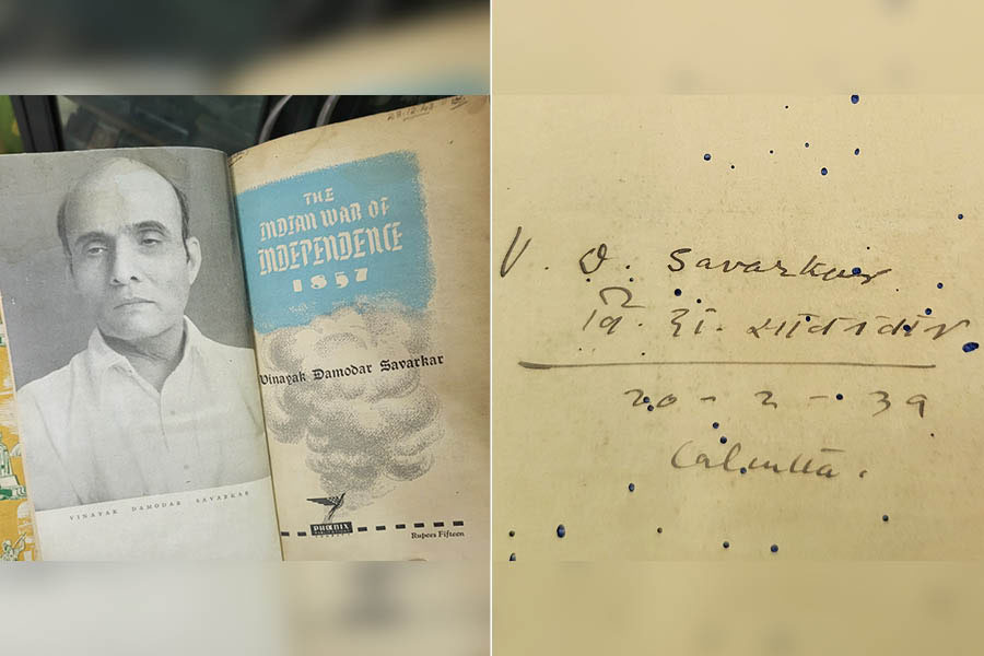 A book written by Savarkar and (right) his signature in English as well as in Hindi.