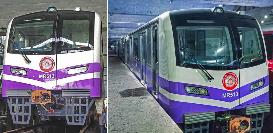 First look of the two Dalian rakes MR 513 And MR 514 which arrived from China at Noapara carshed. The AC tonnage capacity in these rakes has been increased by 16.7 per cent with a continuous ducting system and temperature control for better controlled cooling. New rakes have been provided with a wider emergency front evacuation door for better safety, wider driver desk for motorman’s comfort. The exterior is provided with an anti-dust feature which ensures better cleaning. CCTV cameras have also been provided with the capability of automatic 360-degree coverage in place of the existing 180-degree coverage. These rakes are equipped with light weight (650 kg) traction motors in place of existing 900 kg traction motors   