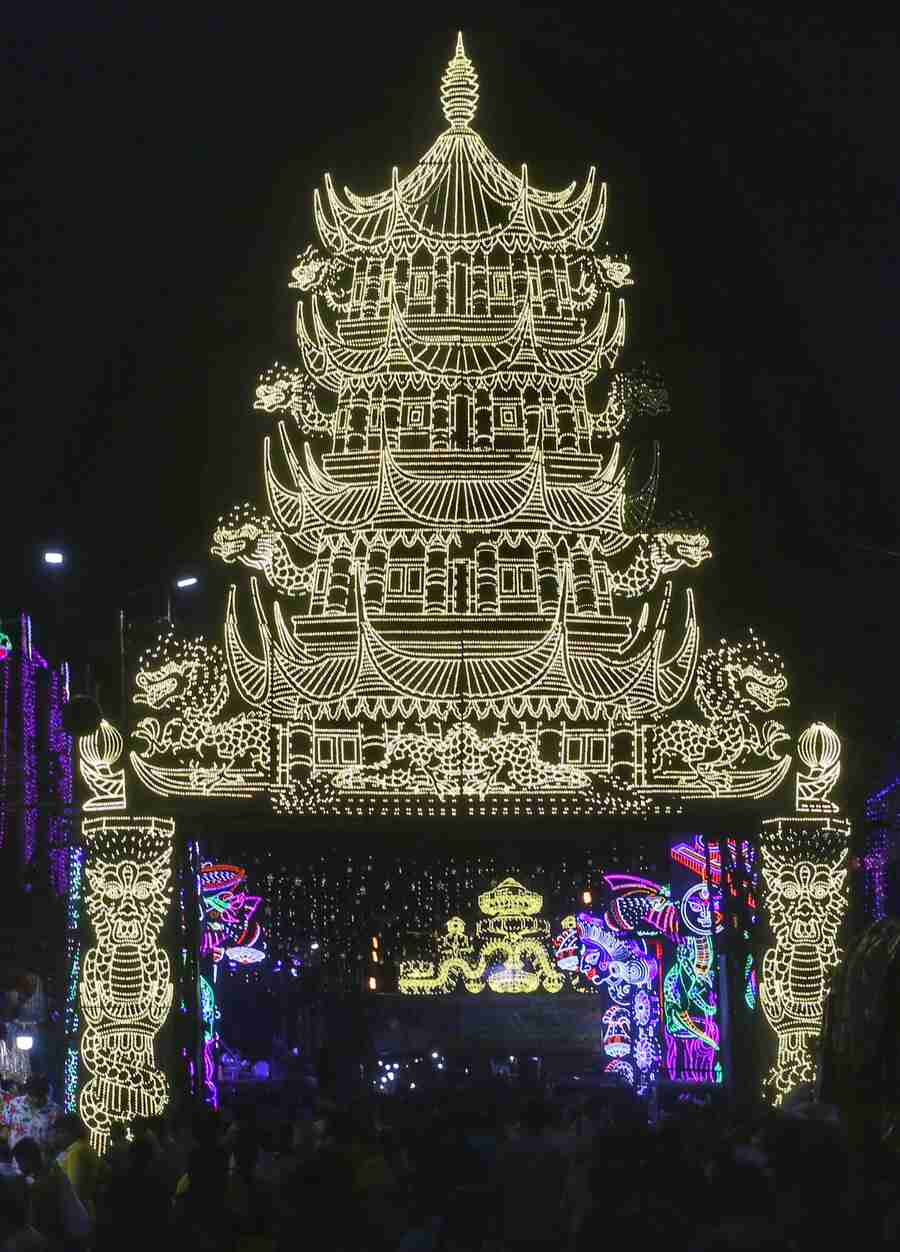 A grand illuminated gate on Bepin Behari Ganguly Street in central Kolkata  